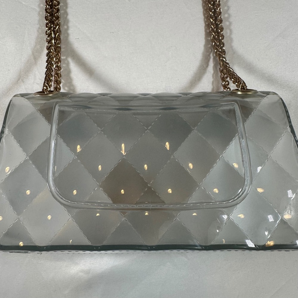 Clear Quilted Jelly Crossbody Mini Bag Shoulder Purse 6.25"x 4" Gold Chain Strap - Picture 8 of 10